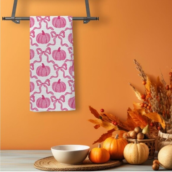 Coquette Pink Pumpkin & Bows Kitchen Towel  16x24 Inch NWT - Picture 4 of 6